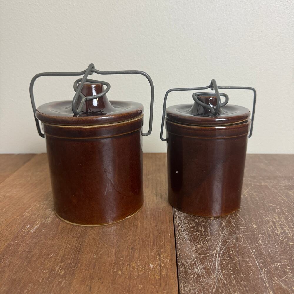 Pair (2) Brown Glazed Stoneware Crock Canisters with Bale hinge Lock lid - Picture 7 of 8